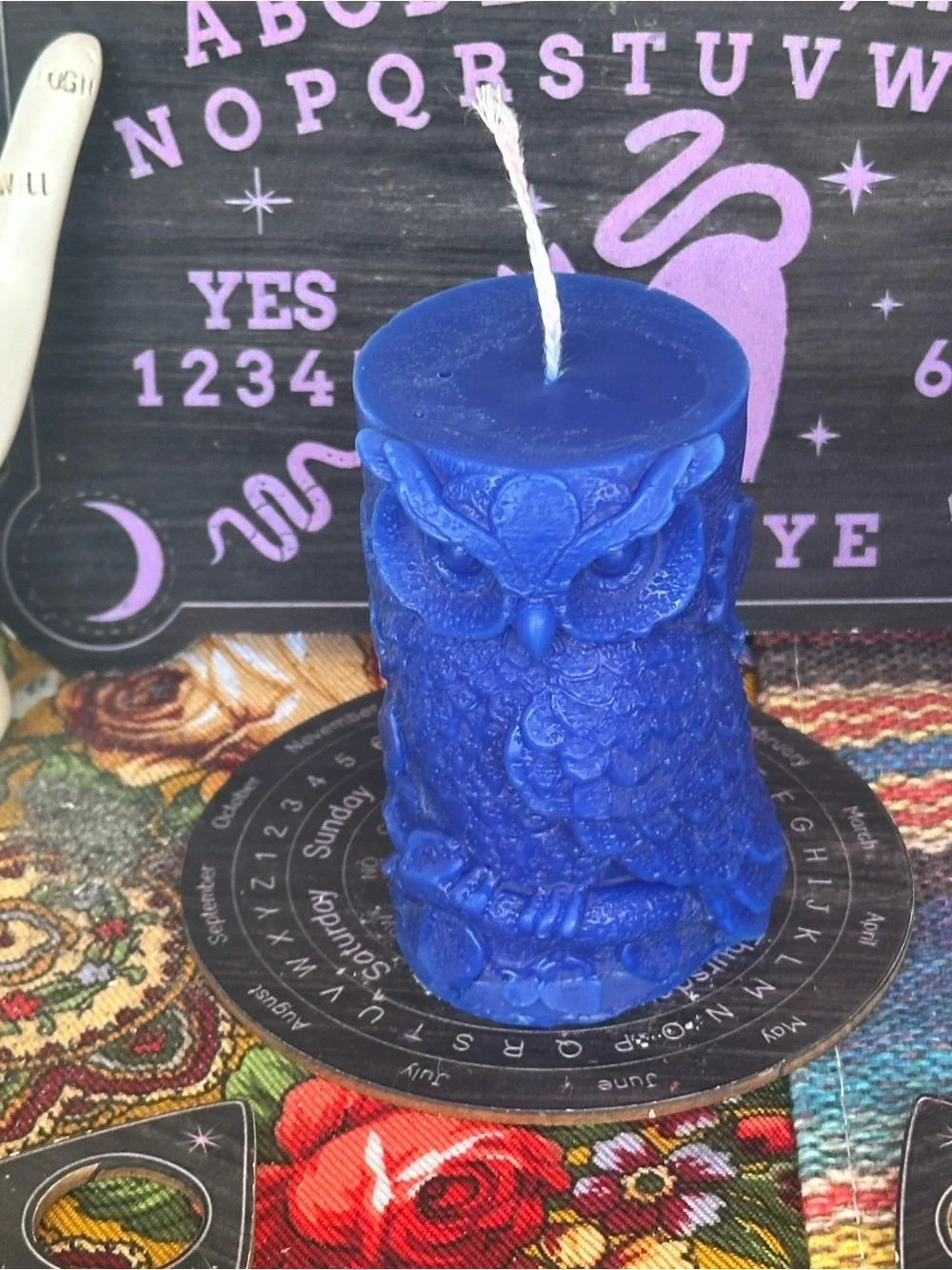 Blue Wise Owl Pillar Candle | Woodland Witch Decor